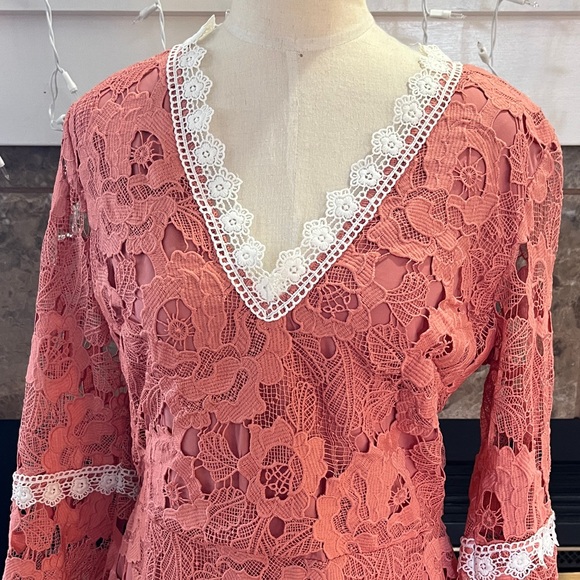 Alexa Amor Pink Lace V-Neck Dress with Bell Sleeves Size Large - Picture 2 of 7